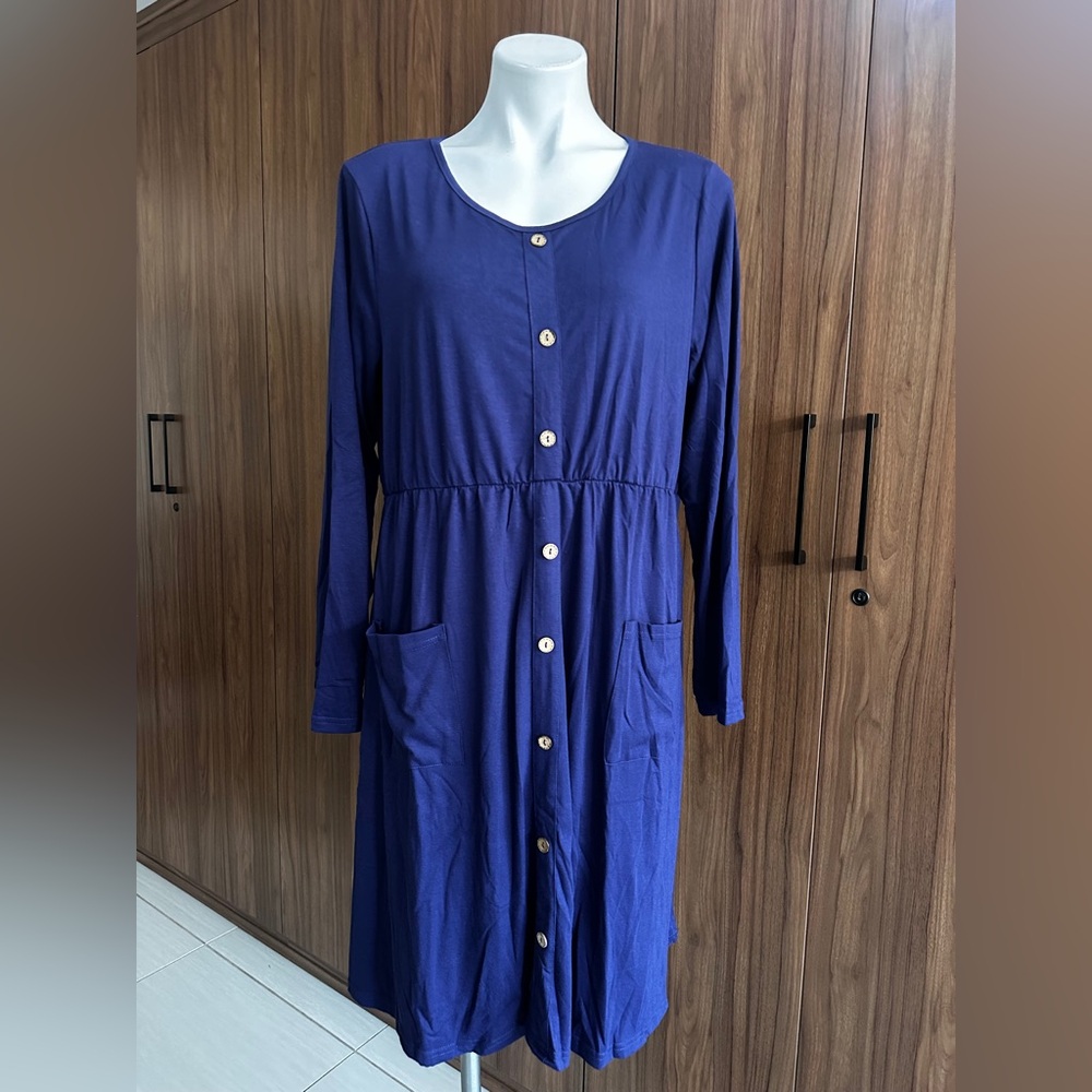 Haute Edition Pull On Blue Long Sleeve Button Down Dress Size XL